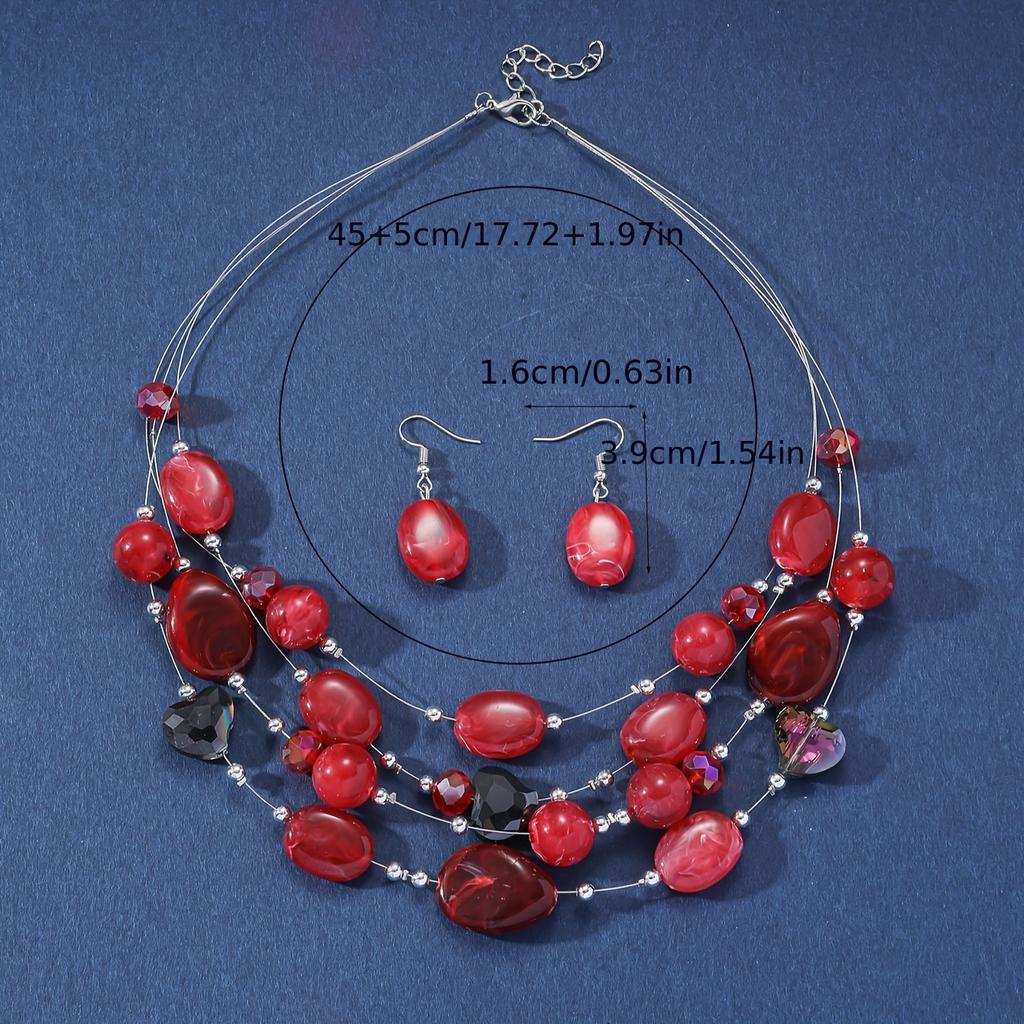 

3-piece Boho Chic Summer Jewelry Set — Colorful necklace and beaded earrings, perfect for parties and vacations червоний