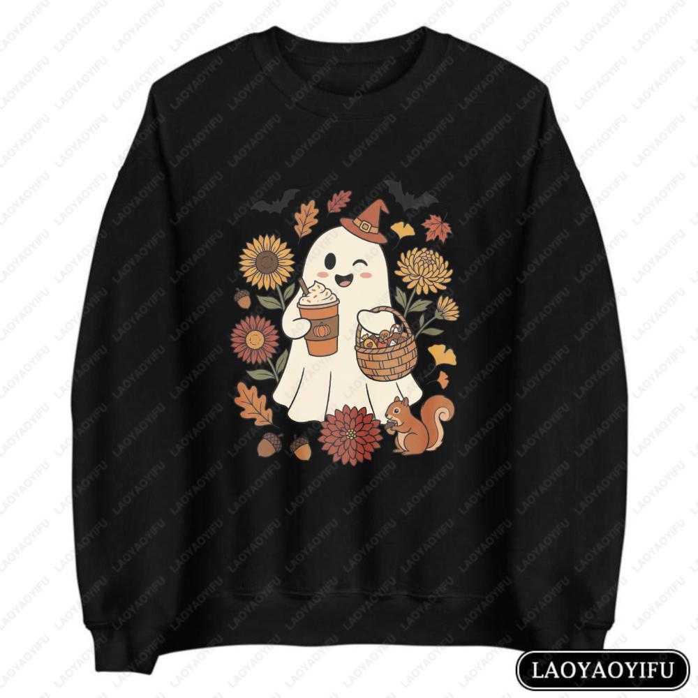 Cute Ghost Pumpkin Spice Latte Pullovers Cozy Halloween Sweatshirt Retro Fall Season Hoodie Autumn Sunflowers Spooky Season Gift