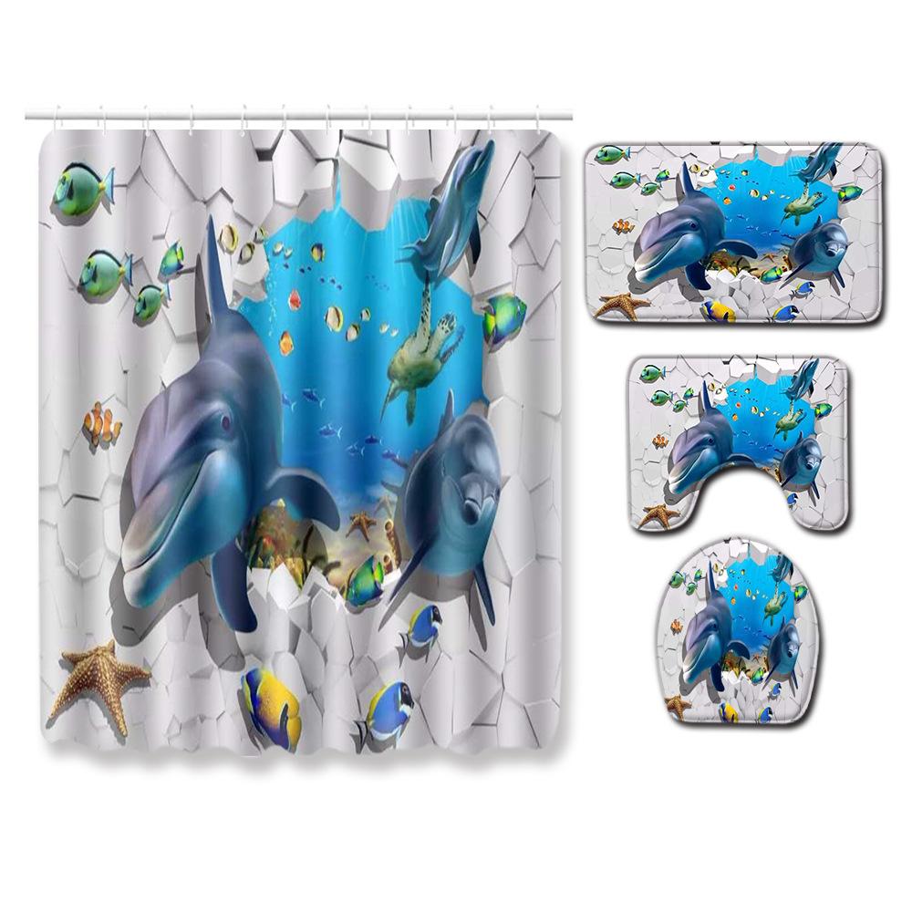 Fashion Sea World Dolphin Shower Curtain Set Bathroom Non-Slip Bath Mat Toilet Lid Cover Polyester Waterproof