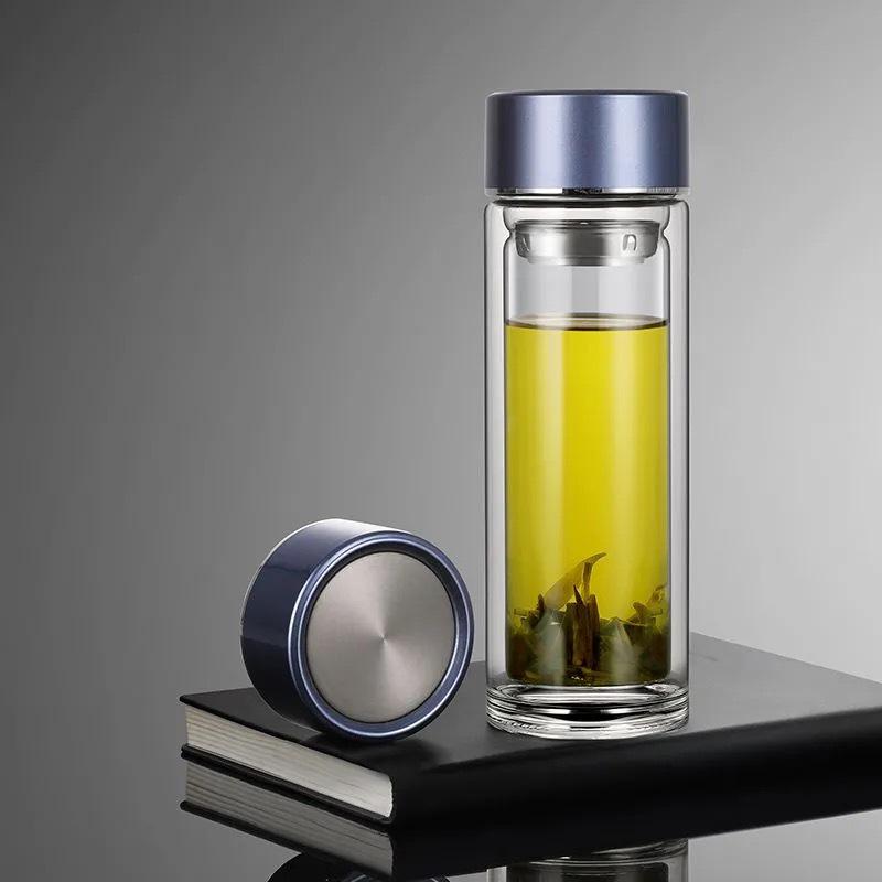 Custom Engraved Double-Layer Borosilicate Glass Tea Cup with Screw Cap