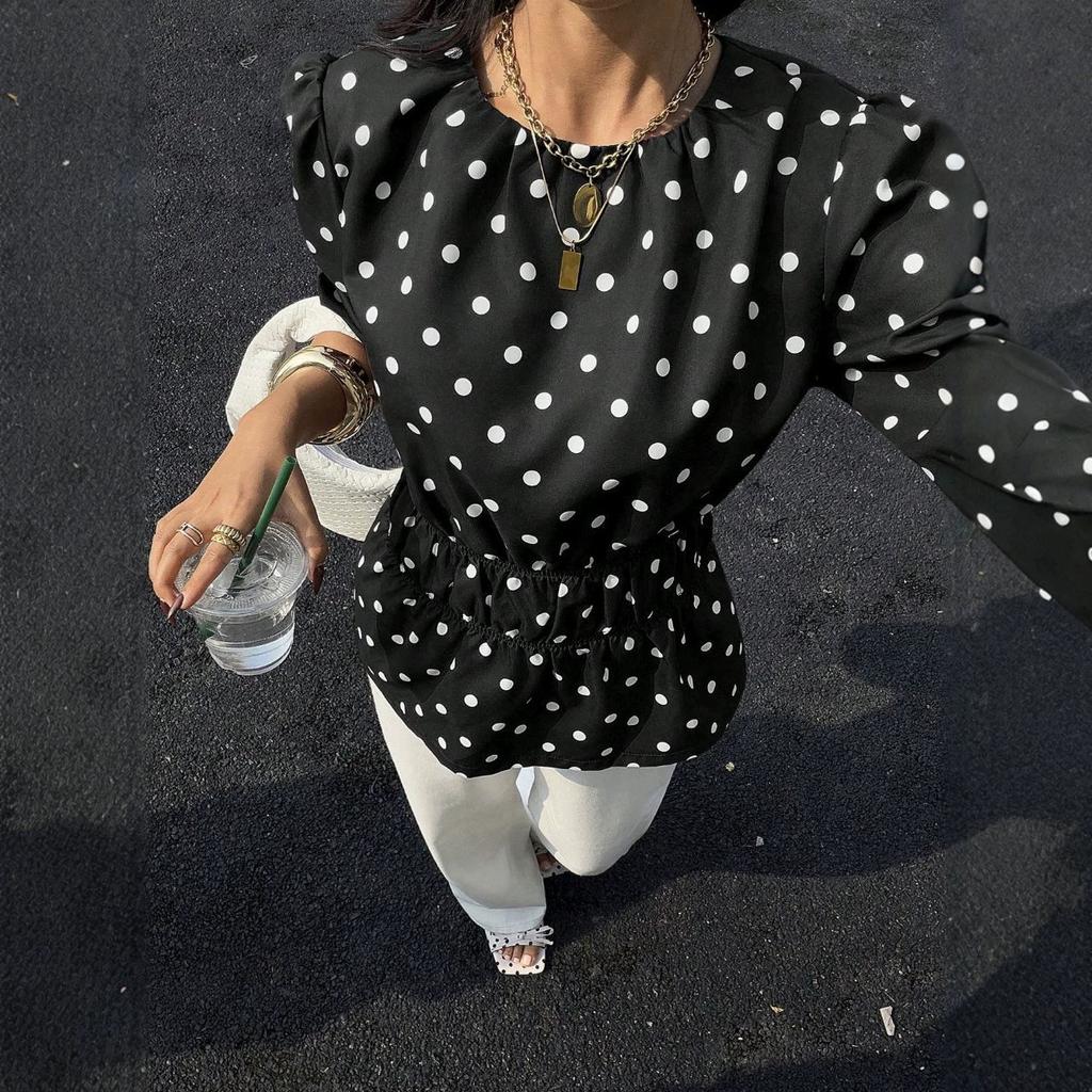 European and American new polka dot versatile French sweet top v-neck slim-fit commuting fashion short-sleeved thin shirt