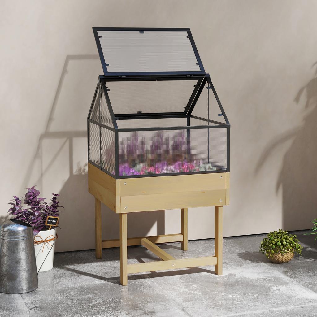 Mini Greenhouse On Legs Dim. 60L X 57W X 103H Cm Double Opening Roof Polycarbonate Panels, Steel, Treated Fir Wood