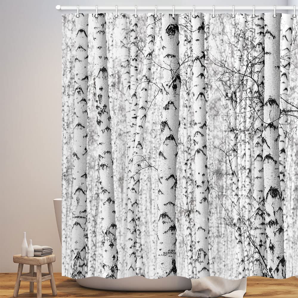 Berkenbomen Douchegordijn Badkamer Decoratie Winter Berkenbos Badgordijn Rustiek Boslandschap Badkamer Accessoires Haken