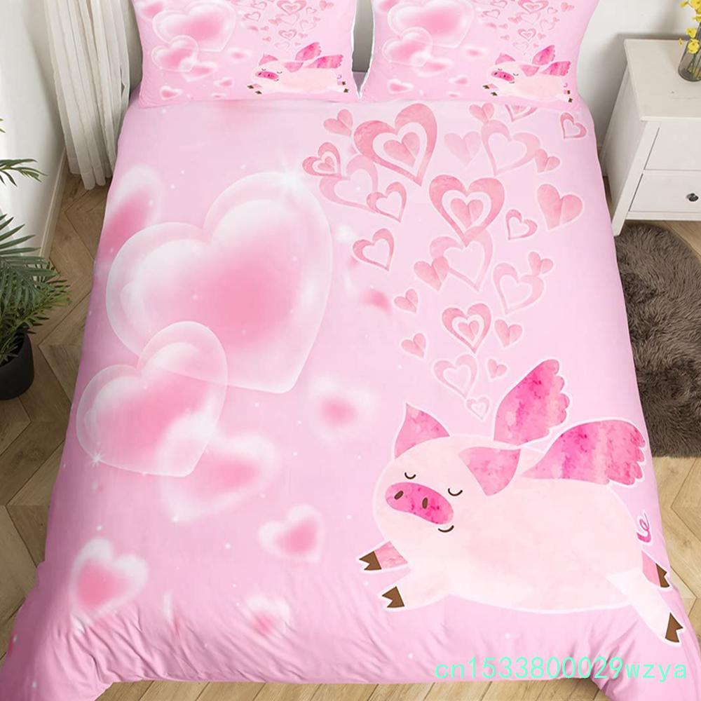 Pink Pig Bedding Set King Queen Sleeping Pig Duvet Cover For Kids Boys Girls Kawaii Animals Comforter Cover With 2 Pillowcases