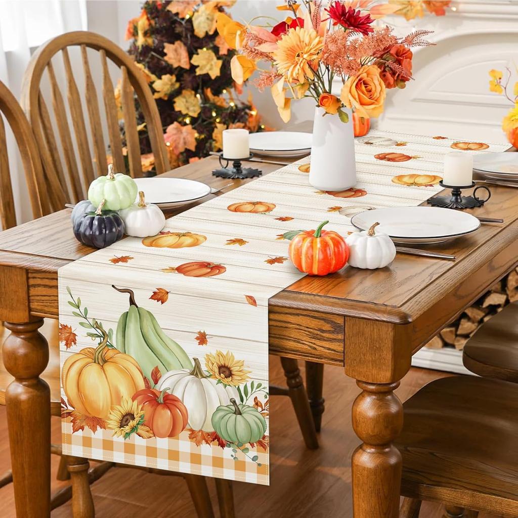Bonhause Fall Pumpkins Maple Leaves Table Runner 13x72 Inch Orange Buffalo Plaid Autumn Thanksgiving Kitchen Dinning Table Decoration for Indoor