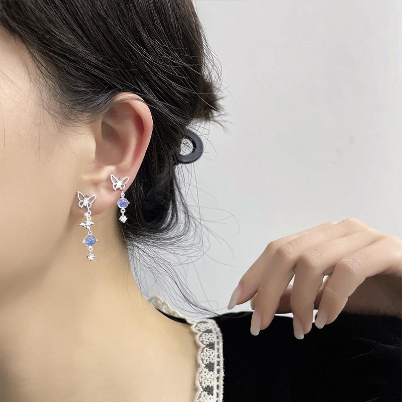 Gu Maoning, Light Luxury Asymmetric Earrings, Niche Zircon Fringed Earrings, Temperament, Moonstone Butterfly Earrings, Long.