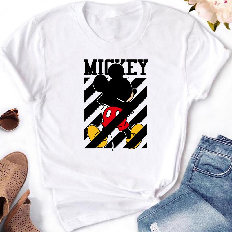 2025 Disney Mickey Minnie Mouse Fashion Print Women White T-shirt Girl Short Sleeve Crew Neck Casual Top for Women's Clothing