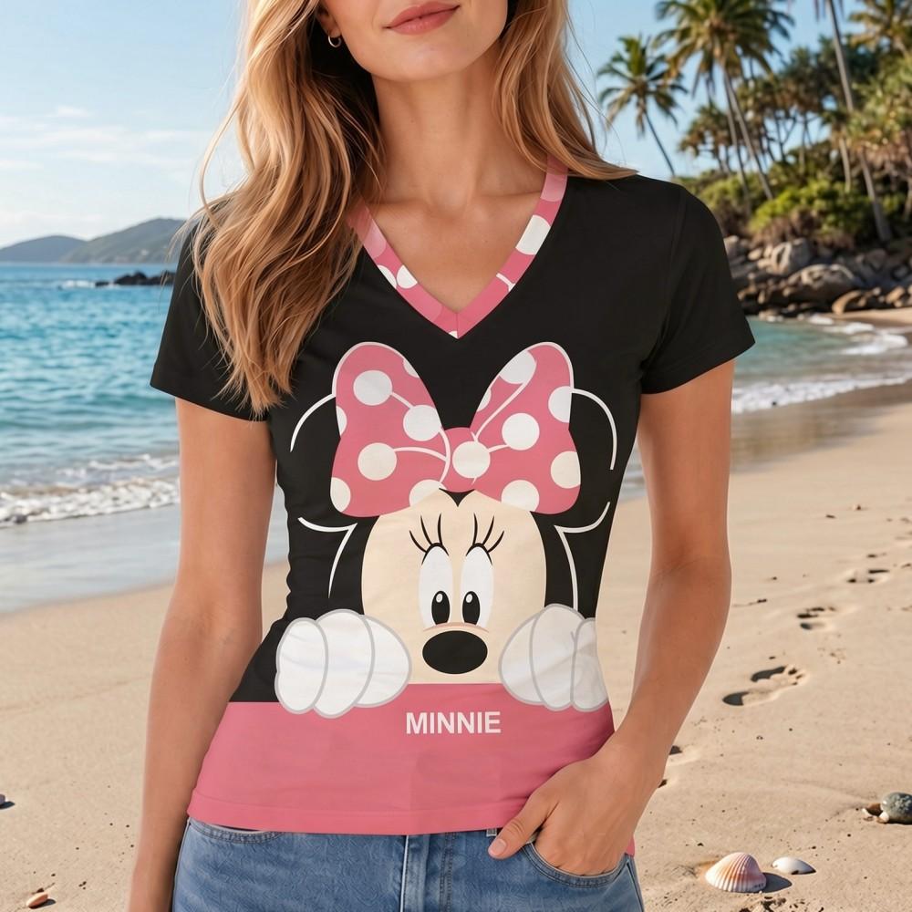Disney Minnie Mouse Kawaii Women's T-shirt Summer Female Clothing V-neck Polka Dot Short Sleeve 3D Print Fashion Y2K T-shirts