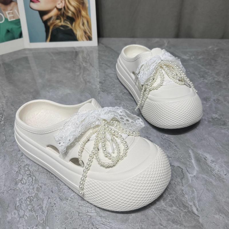 Fashion 2025 New Summer Shoes Platform Slippers For Women Indoor Beach Slides DIY Lace Pearl Bow Knot Clogs Girls Fashion Sandals