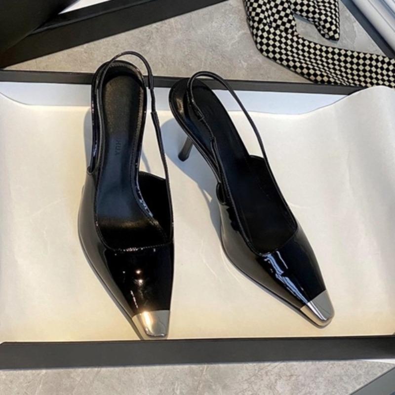 Fashion Metal Square Toe Stiletto Sandals Summer New Baotou Patent Leather One Strap Anti-slip Wear-resistant High-heeled Women's Shoes