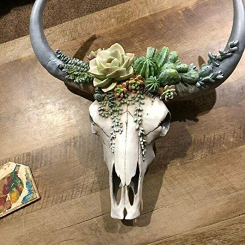 Cow Skull Wall Pendant Succulents/Flower Rose Resin Miniature Home Garden Decorations Animal Figurines Crafts Sculpture