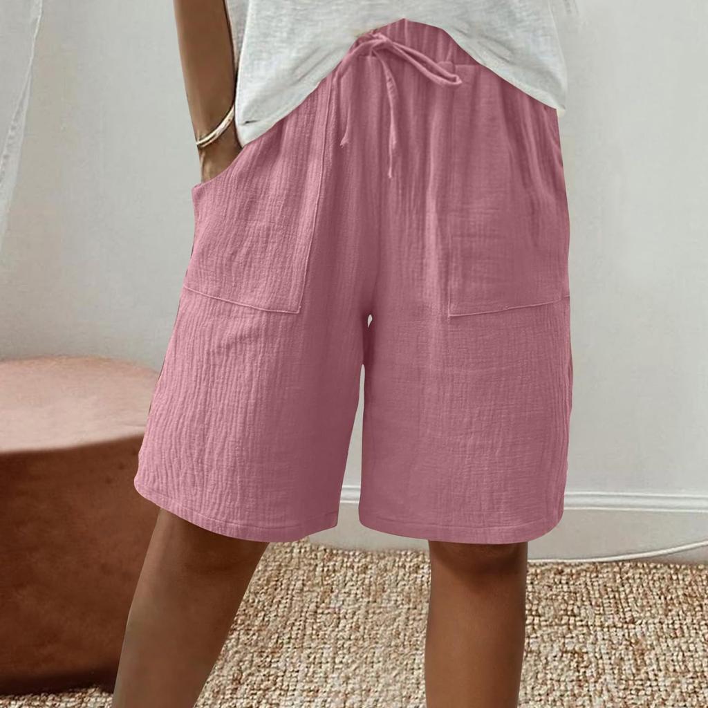Women's Fashion Cotton-Linen Blend Pocket Elastic Waist Loose-Fit Casual Cropped Pants