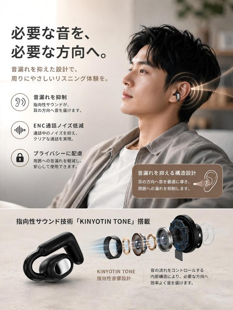 Ear Cuff Wireless Earphones [Lightweight and Comfortable] Earaku Open Earphones, Ear Clip Style, Sound Leakage Suppression, 36 Hours Playback, for Com