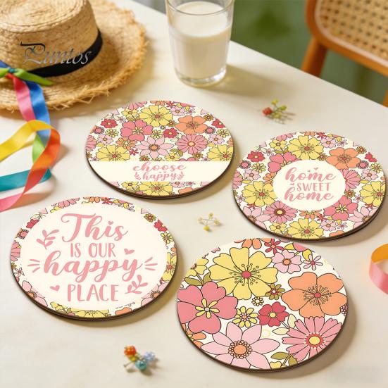 Easter Table Decor 4PCS Flower Coasters Set, Thick Cork Base Non-Slip Heat Resistant Drink Cute Animal Print Coasters, Floral Decorative for