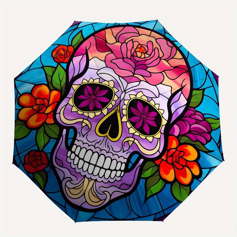 Day of the Dead Sugar Skull Stained Wall Art DecorUmbrella, Portable 3-Fold Compact Umbrella for Men & Women Gift