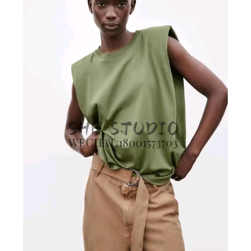 Spring New Women's Clothing Fashion Trendy Cool Easiest for Match Round Neck Sleeveless Padded Shoulder Decorative T-shirt 0858030 0858034