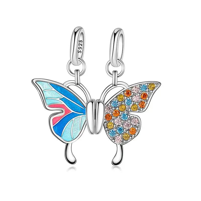 Fashion 925 Silver Colorful Butterfly Sparkling Beads Charms for DIY Bracelet Necklace Jewelry Making Gift