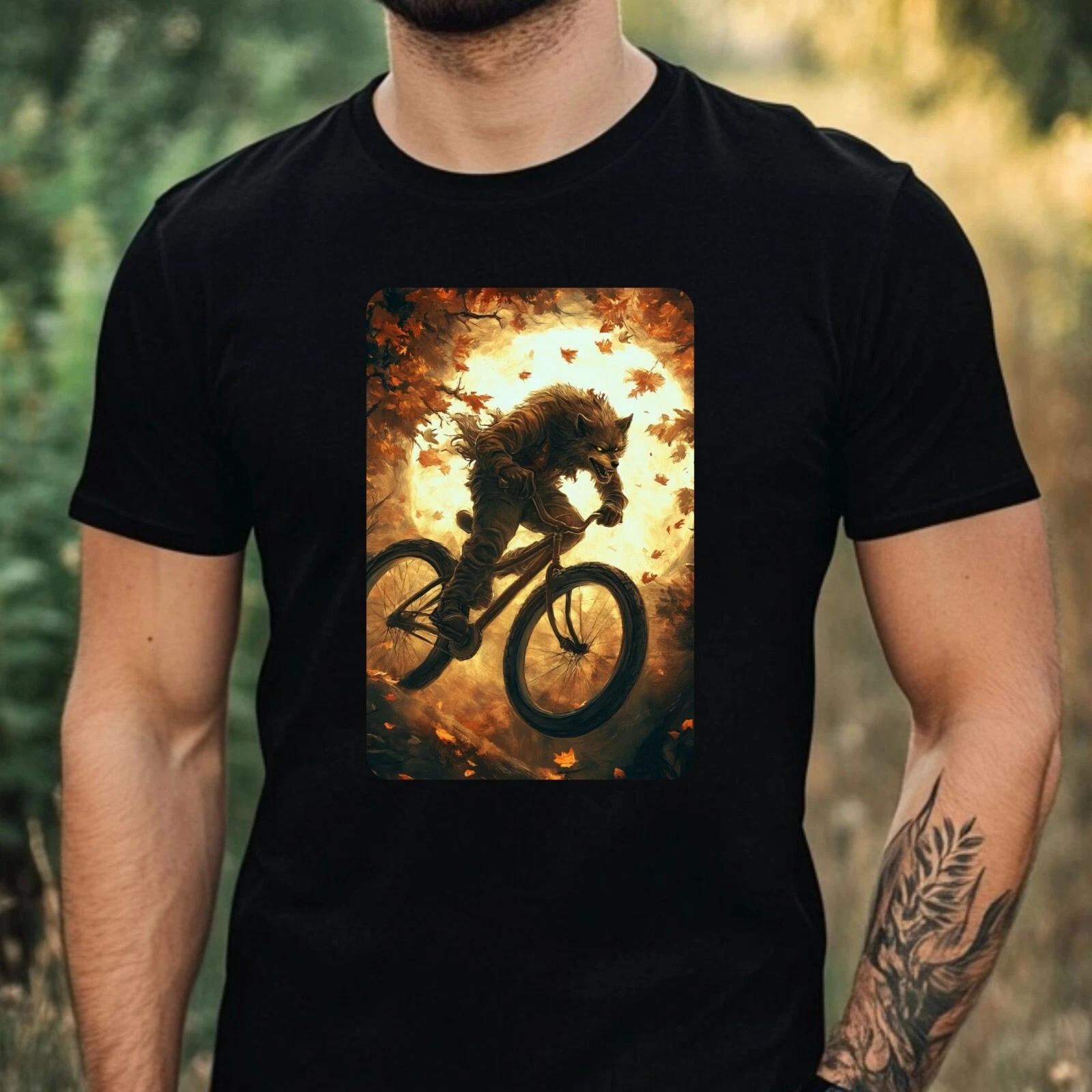 T-Shirt Herren Wolfsmann fährt Fahrrad Motiv Baumwolle Größe XS bis 5XL XS