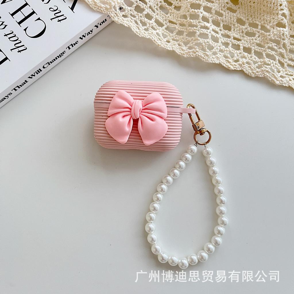 New Apple Earphone Case Horizontal Strip Silicone Bow + Hand Bead Rope AirPods Girl Bow Earphone Cover