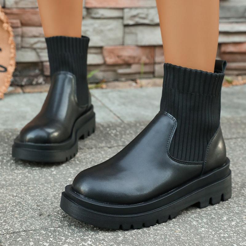 Fashion Women's Slip-On Chunky Platform Boots Knitted Patchwork Pu Leather Thick Sole Boots Woman Comfy Non Slip Chelsea Botas Mujer