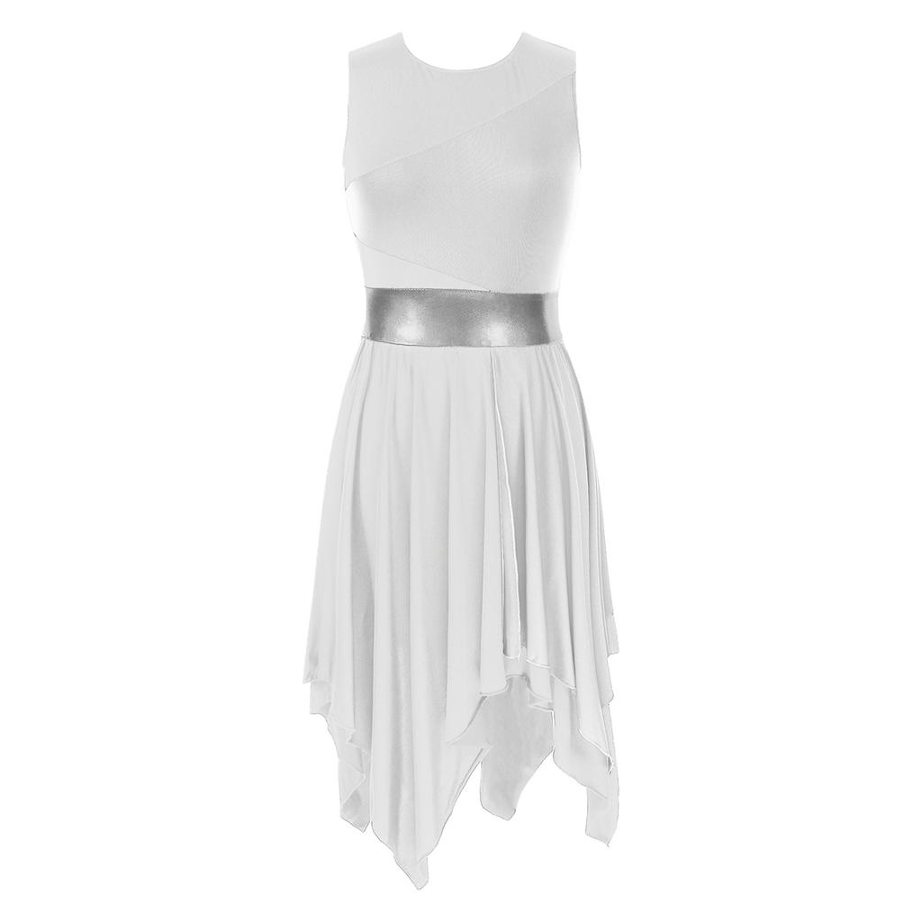 Womens Color Block Dance Dress Sleeveless Round Neck Design Asymmetrical Hem Performance Party Wear