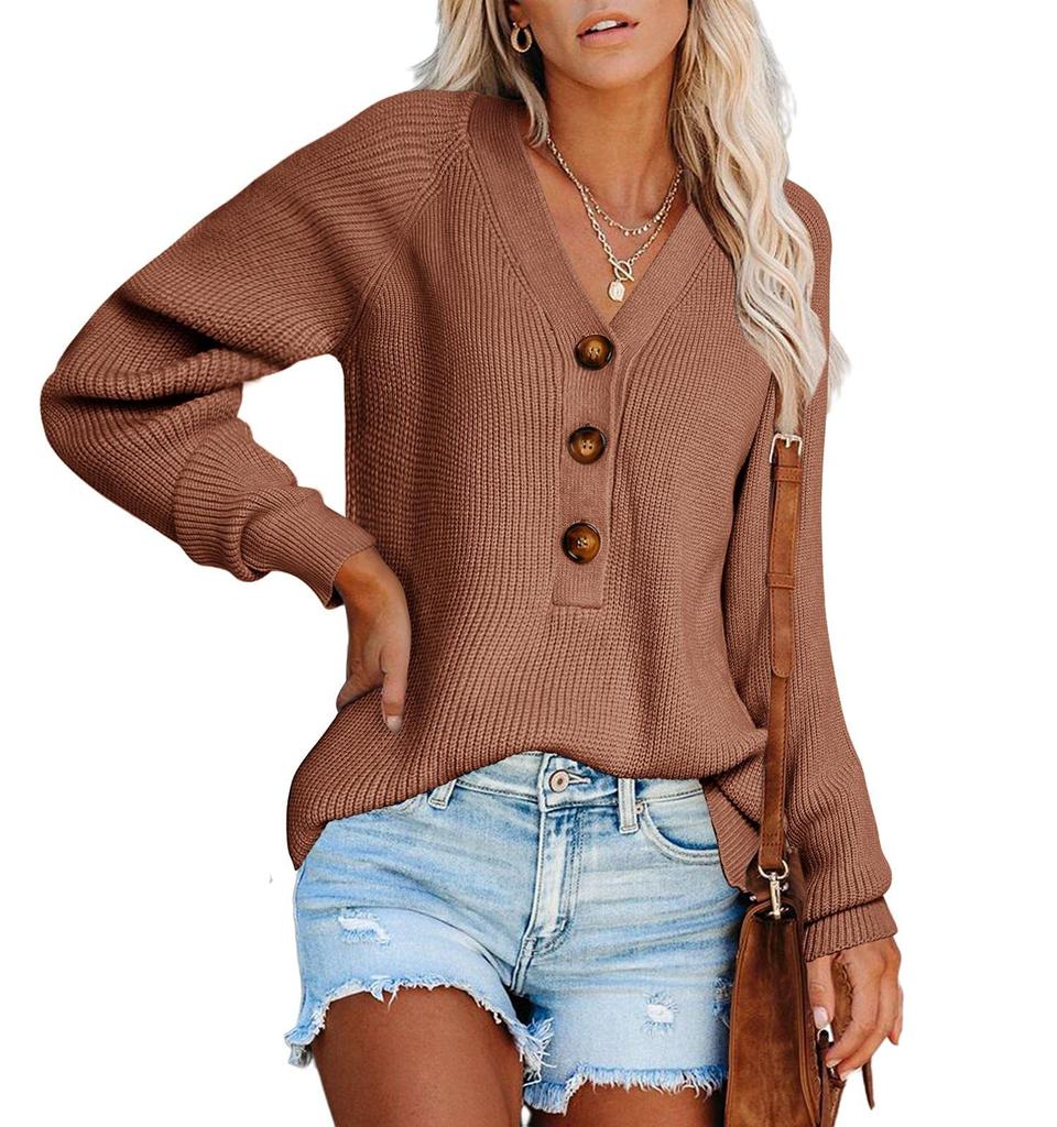 Autumn Winter Women's Button Front Knitted Pullover V Neck Sweater Long Sleeved Knitwear Luxurious Relaxed-fit Slimming and Versatile Top