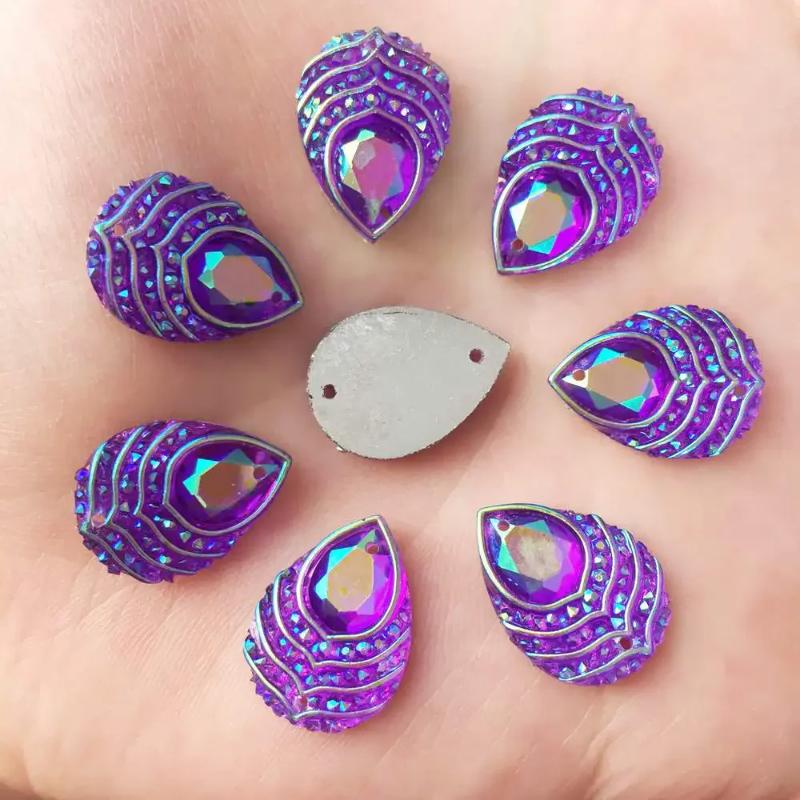 DIY 40pcs 13x18mm Teardrop Sew On Rhinestones AB Colors Resin Sew On Stone Flatback 2holes for Garment Clothing -A29