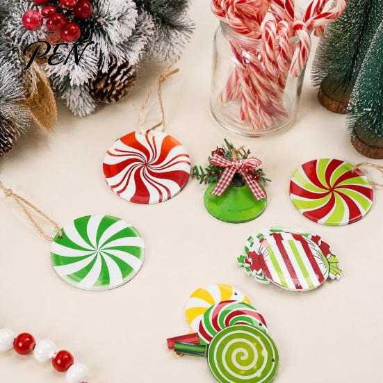 Macaron Color Tree Decorations Wooden Christmas Balls, Candy Stripe Hanging Ornaments, Ornaments Festive Pendant for Holiday Home Party Photo Props