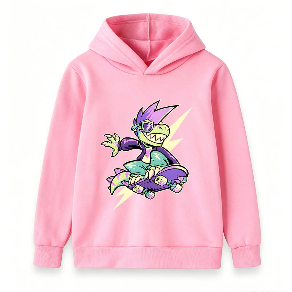 Kids Boys Girls Pullover Hoodie, Cool Cartoon Skateboarding Dinosaur Print Casual Lightweight Hooded Sweatshirt for Youth Daily Wear Street