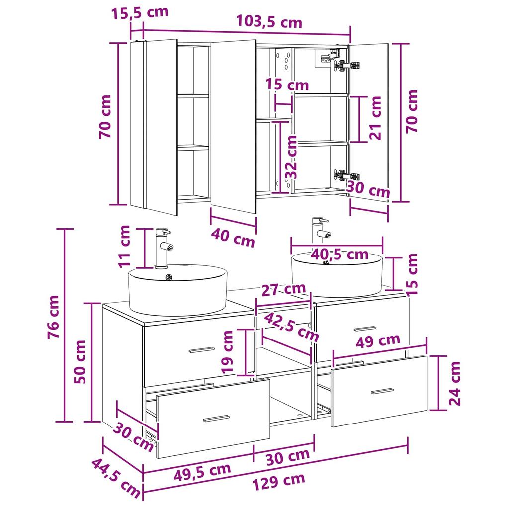 Bathroom Furniture Set 4 Pcs Black Oak Engineered Wood and Glass