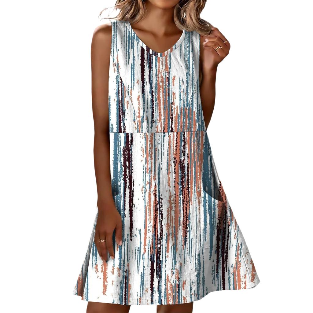 Summer Dresses For Women Loose Beach Vacation Casual Sleeveless V-neck  Sundresses With Pockets Tank Dress