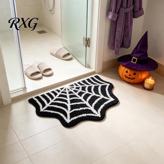 Durable Fade-resistant Rug Halloween Bathroom Rug, Spider Web Bath Mat, Gothic Pumpkin Lantern Floor Mat Non-Slip Area for Front Door Bedroom