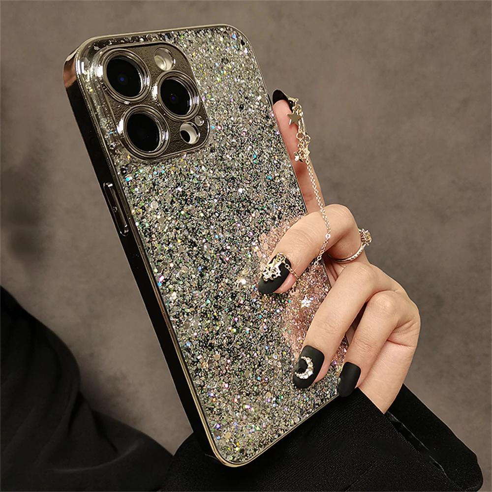 Luxury Bling Glitter Sequins Plating Soft Case For iPhone 17 Air 16 15 14 13 12 11 Pro Max Plus Lens Protective Shockproof Cover