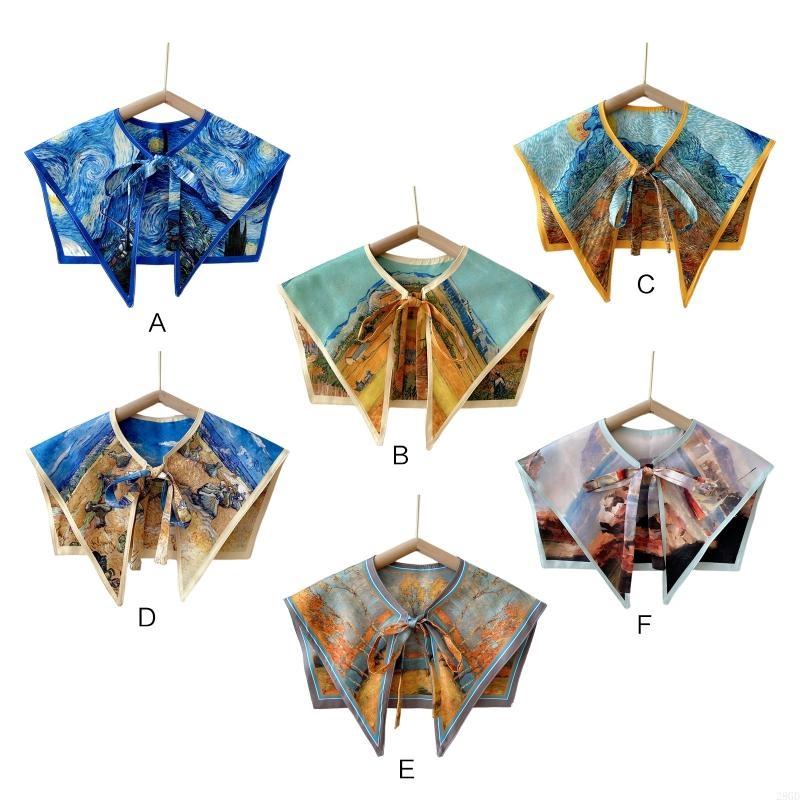 28GD Women Elegant Detachable Collar Scarf Vintage Colorful Landscape Oil Painting Print Shawl Wrap Lace-Up Decorative Shrug