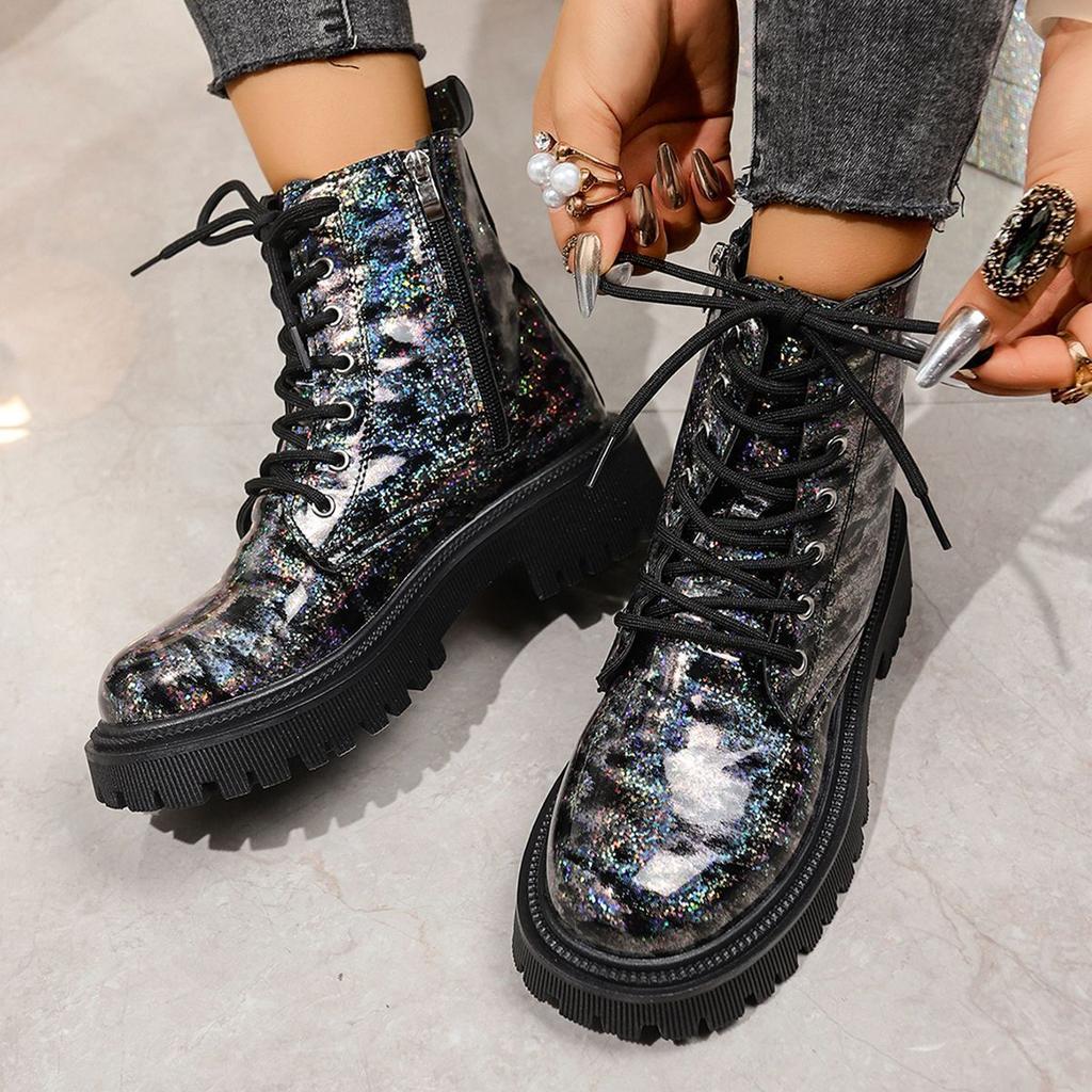 2025 autumn and winter new sequined lace-up boots children's thick-soled Martin boots women's heightening shoes short boots medium boots children