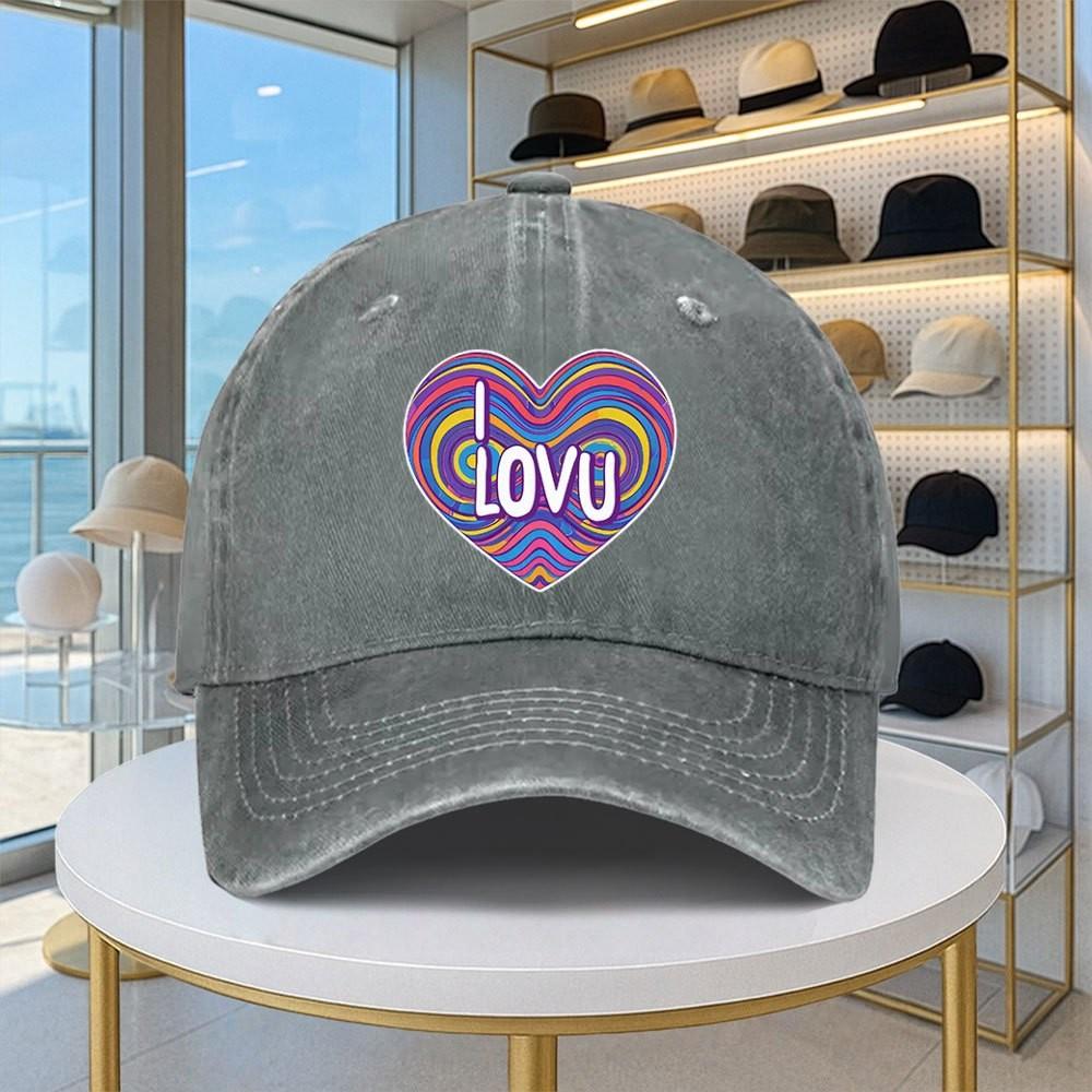 I Love You Heart Print Vintage Baseball Cap Washed Denim Adjustable Casual Street Style Hat