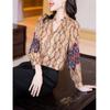 Women Stylish Floral Print Ruffle V Neck Blouse Elegant Chic Sequins Lace Patchwork Chiffon Shirt Casual Long Sleeve Loose Tops