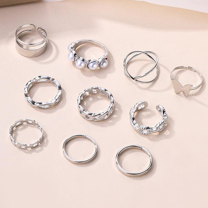 Alloy Butterfly Ring Jewelry Personalized Women's Irregular Pearl Pair Ring Stacked Wearing Ring Set