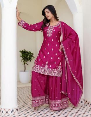 Damen Partywear Designer Bestickter Chinon-Seiden-Kurti Palazzo Dupatta Set Salwar Anzug Kleid
