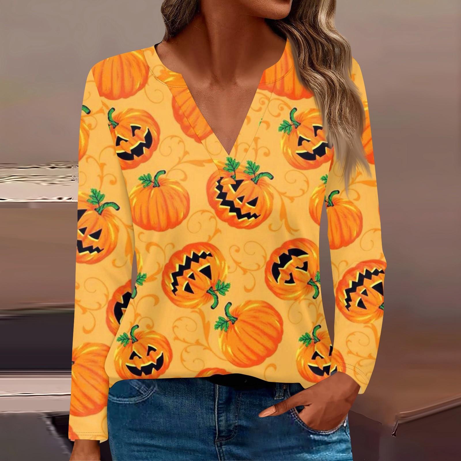 

Женская мода с длинным рукавом V-образным вырезом и принтом на Хэллоуин в стиле кэжуал XL шафрановый