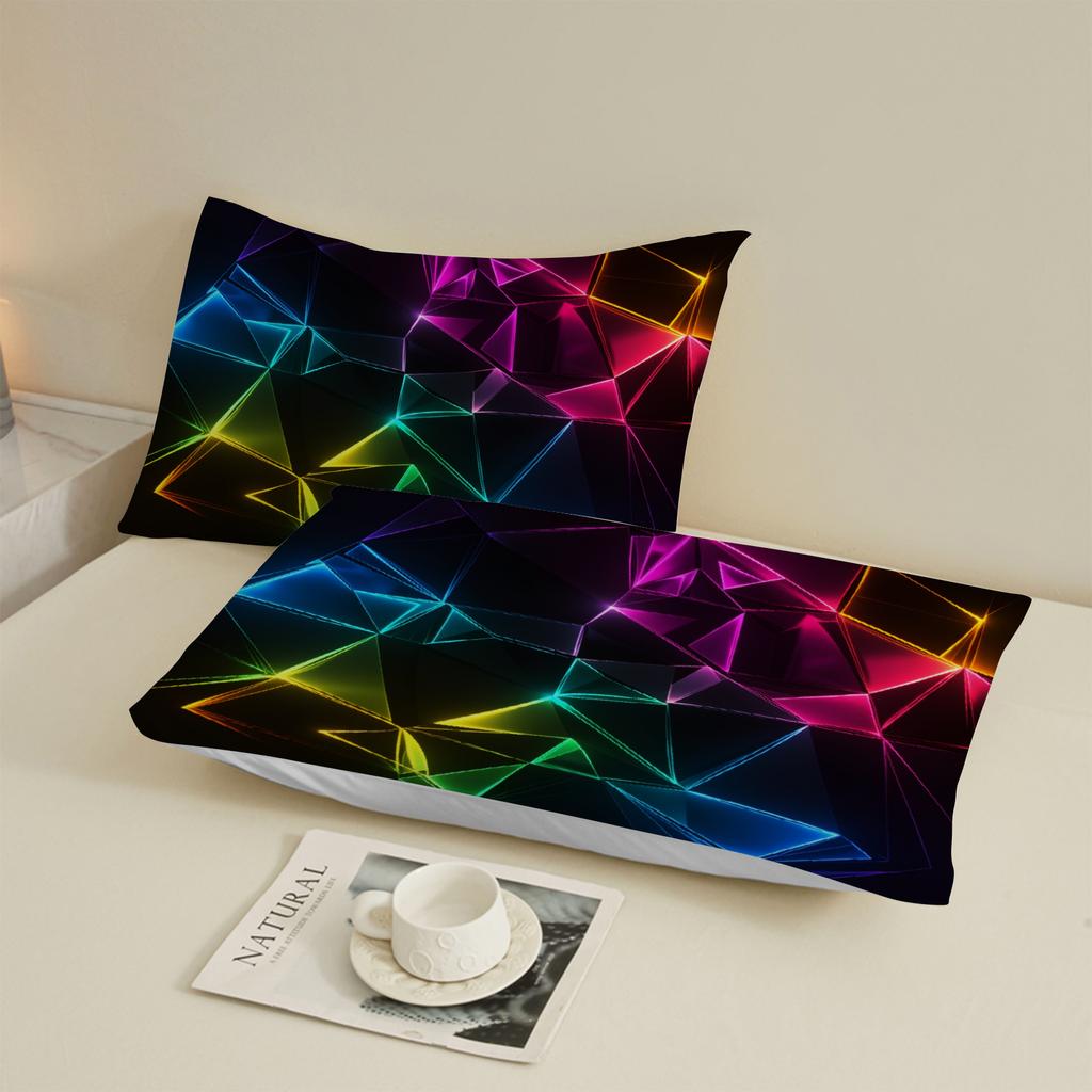 3pcs Geometric Pattern Flat Sheet 3D Printed Neon Colors Fitted Sheet Sets With Pillowcases No Filling Cool Visual For Teen Boys