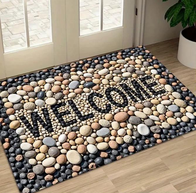 Retro Pebble Welcome Door Pad Stone Pattern Durable Non-woven Fabric Easy To Clean Indoor and Outdoor Floor Carpet