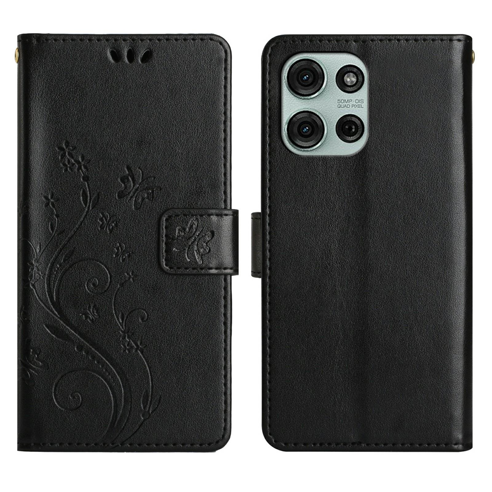 

For Motorola Moto G75 5G Leather Wallet Case Butterfly Flower Imprinted Phone Cover with Strap Black