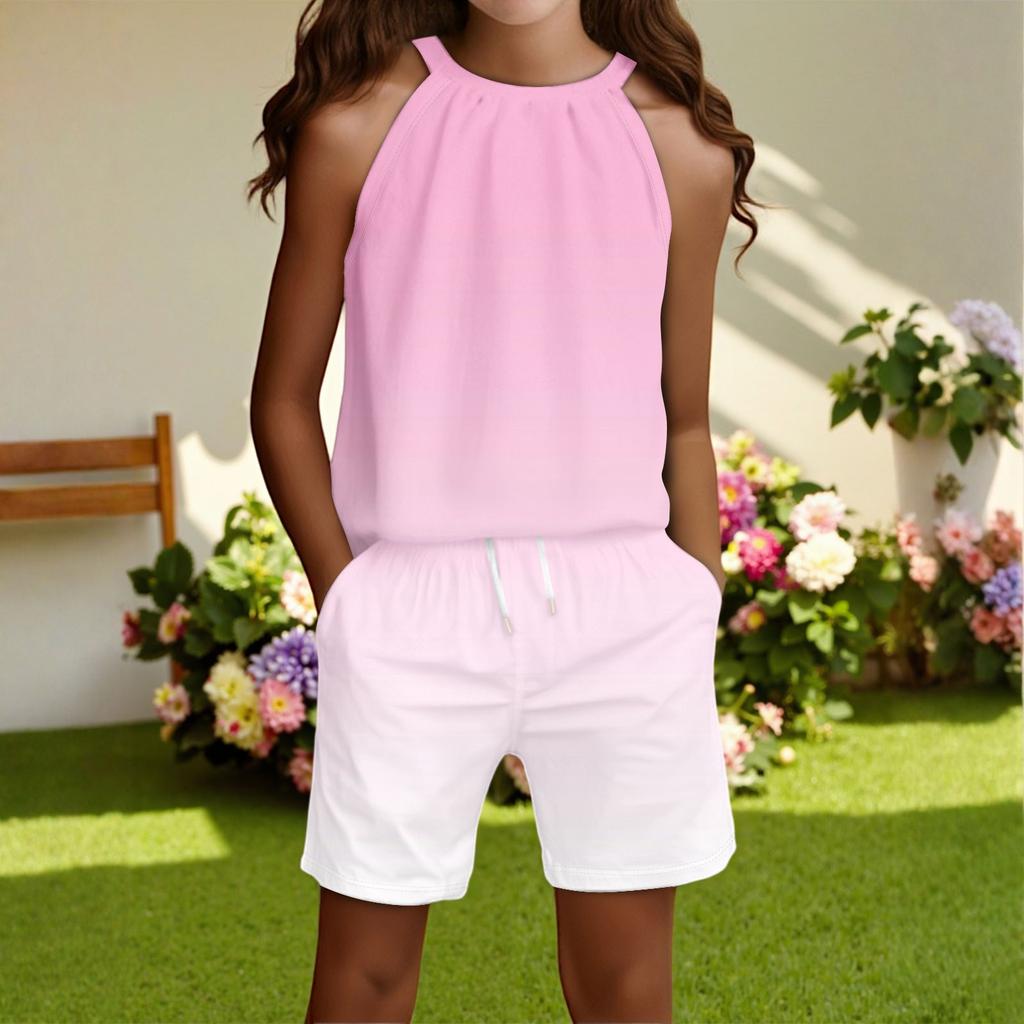 Children's Casual Fashion Round Neck Sleeveless Top Shorts Set