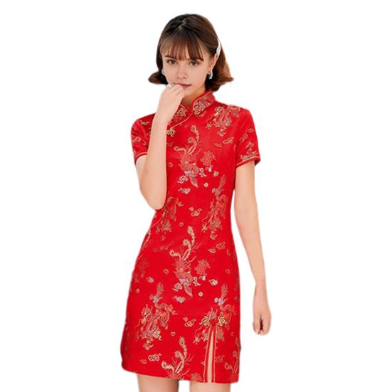 Damen Sommer Cheongsam Stehkragen Drache Phönix Print Geteilter Saum Qipao Slim Fit Retro Chinesischer Stil Über Knie Länge Hochzeit Party Cocktailkleid