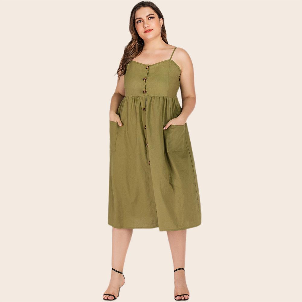 

Летнее платье большого размера, женская одежда больших размеров, повседневное однотонное однобортное платье на тонких бретельках с высокой талией