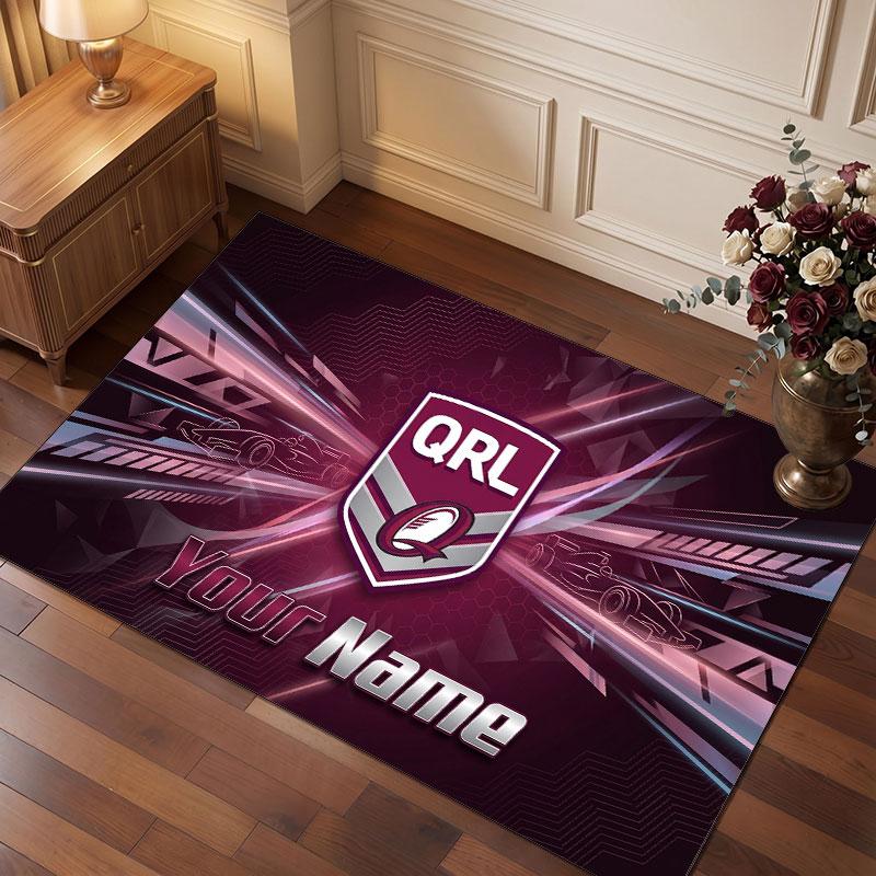 Personalisierter Kristall-Samt-Teppich der Queensland Maroons, Weicher Anti-Rutsch-Teppich mit individuellem Namens-Text für Wohnzimmer, Schlafzimmer