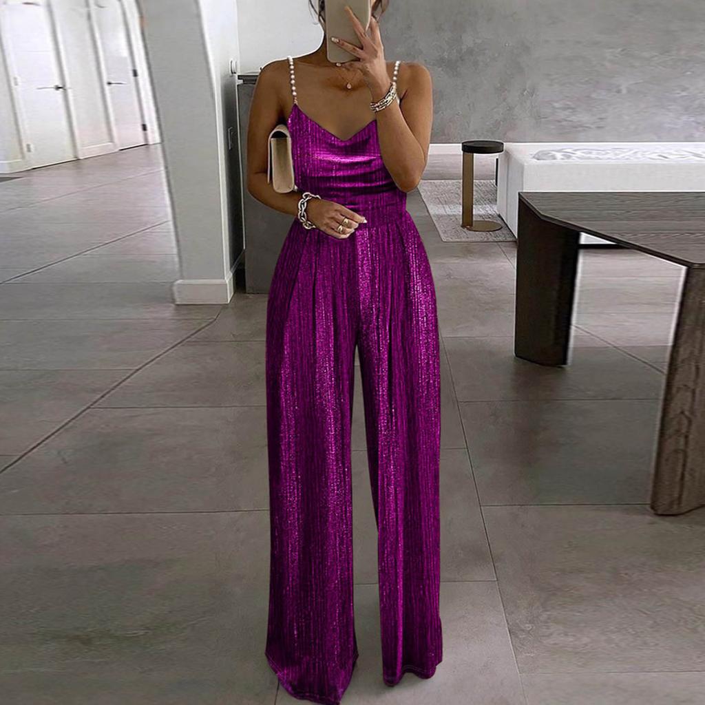 Women's FashionAble And Casual Loose  Color Wide Leg Pants Waist Cinching Elegant Suspender Bead Jumpsuit