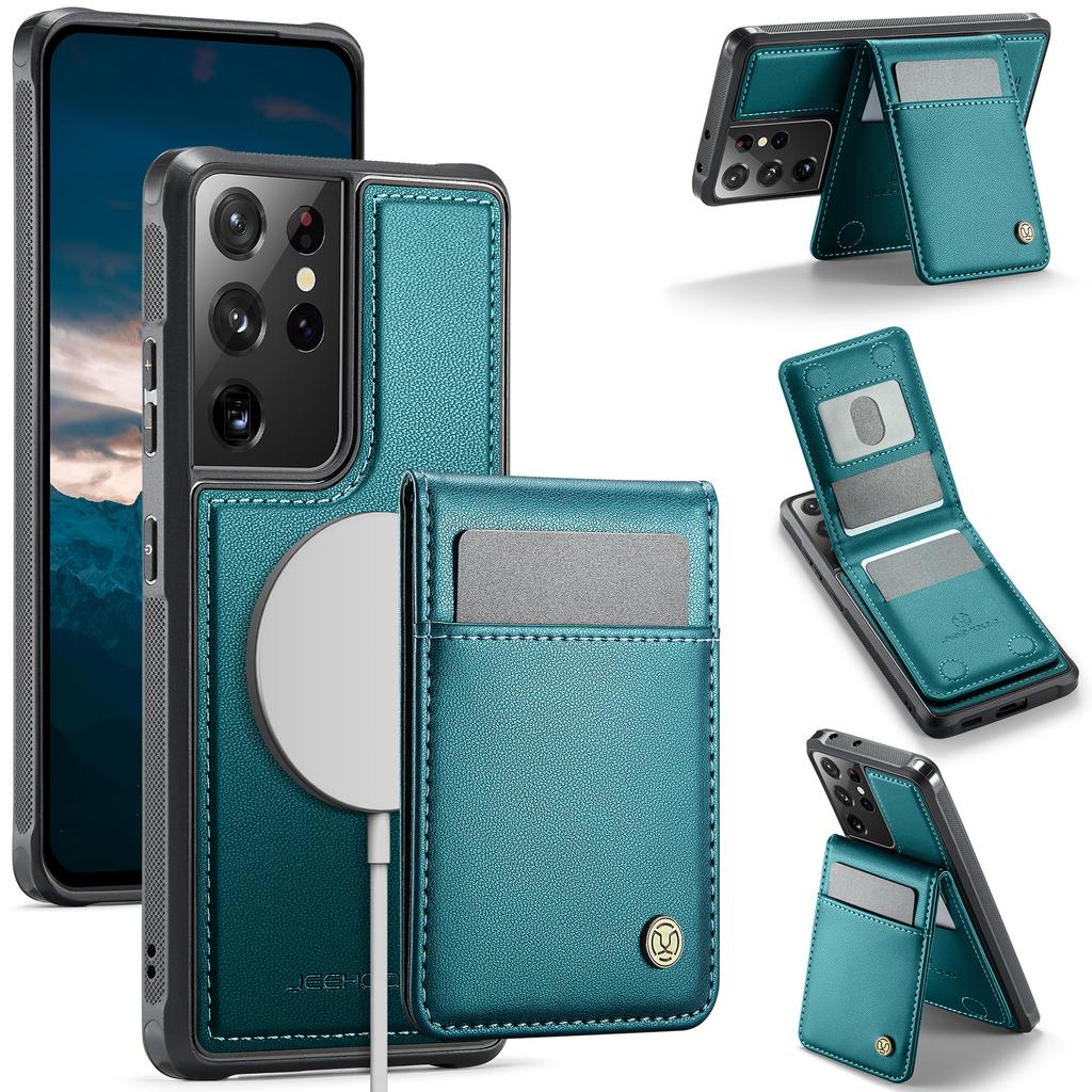 För Samsung Galaxy S21 Ultra 5G Läder Baksida Kompatibel med MagSafe JEEHOOD J06 Mobilskal med Kortfack RFID-blockering