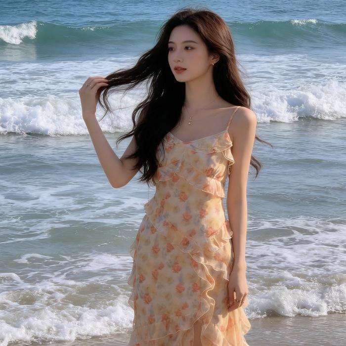 

French orange floral suspender dress, new in summer, long dress with waist and thin split lotus leaf edge S